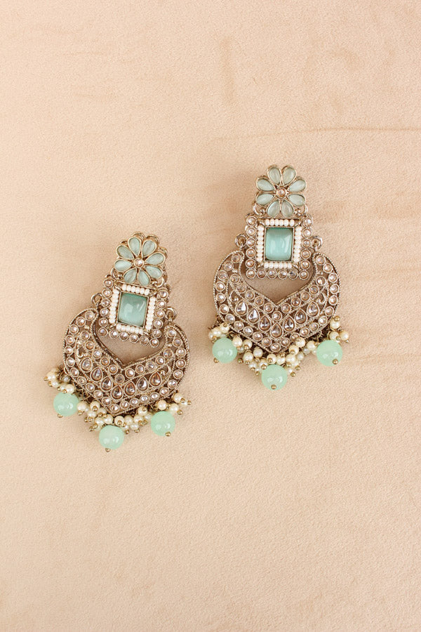 Light Green Necklace Set In Mehndi Polish With Polki Stones Pearls And Beads With Matching Earrings And Tikka (NS013-LG-Polki)