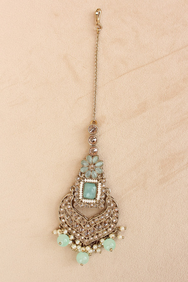Light Green Necklace Set In Mehndi Polish With Polki Stones Pearls And Beads With Matching Earrings And Tikka (NS013-LG-Polki)