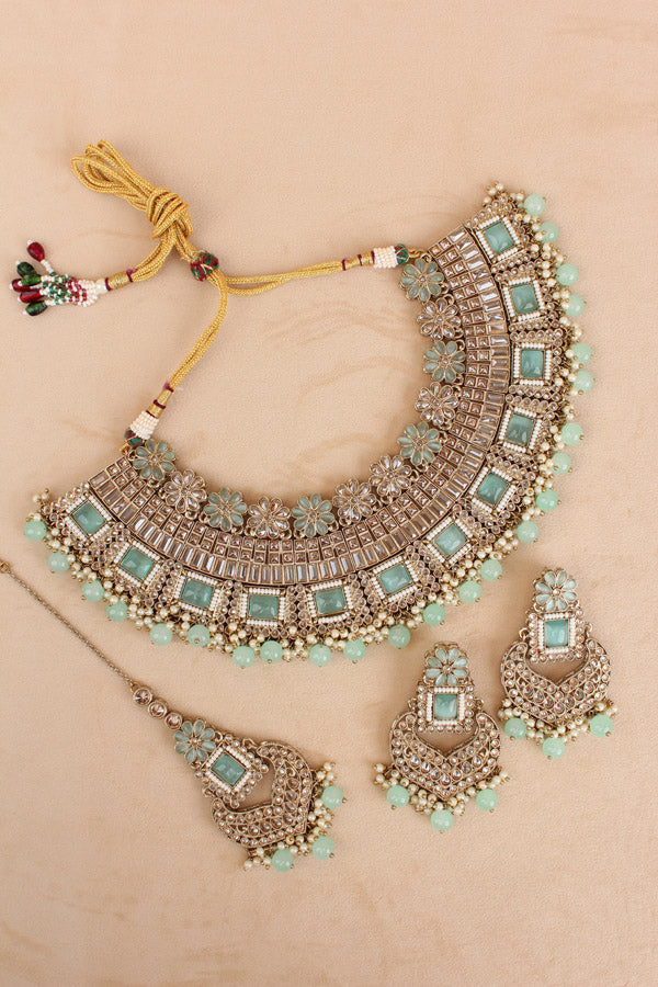 Light Green Necklace Set In Mehndi Polish With Polki Stones Pearls And Beads With Matching Earrings And Tikka (NS013-LG-Polki)