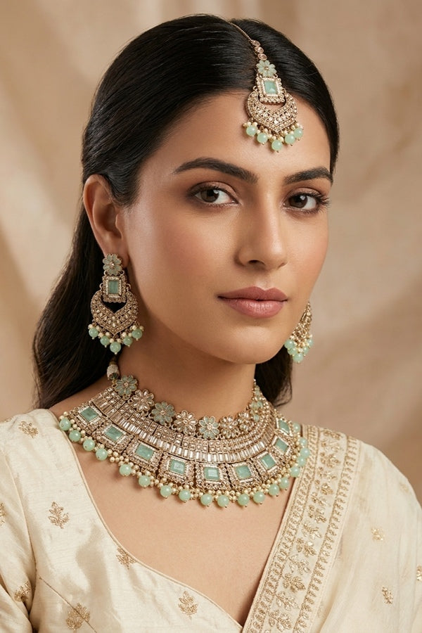 Light Green Necklace Set In Mehndi Polish With Polki Stones Pearls And Beads With Matching Earrings And Tikka 