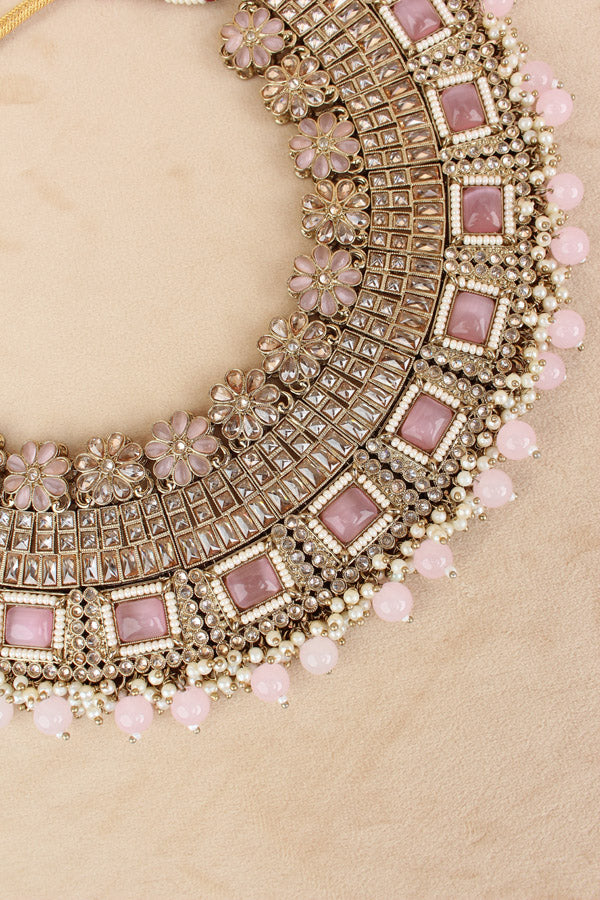 Pink Necklace Set In Mehndi Polish With Polki Stones Pearls And Beads With Matching Earrings And Tikka (NS013-P-Polki)