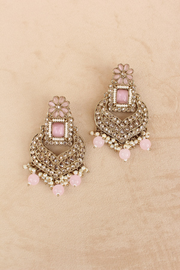 Pink Necklace Set In Mehndi Polish With Polki Stones Pearls And Beads With Matching Earrings And Tikka (NS013-P-Polki)