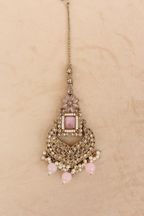Pink Necklace Set In Mehndi Polish With Polki Stones Pearls And Beads With Matching Earrings And Tikka (NS013-P-Polki)