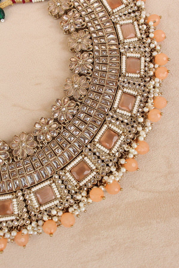 Peach Necklace Set In Mehndi Polish With Polki Stones Pearls And Beads With Matching Earrings And Tikka (NS013-PE-Polki)