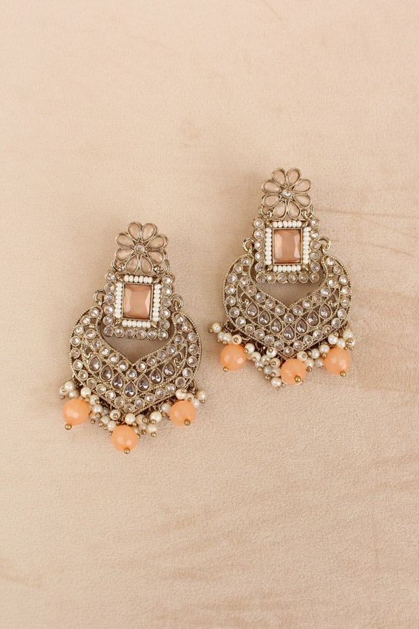 Peach Necklace Set In Mehndi Polish With Polki Stones Pearls And Beads With Matching Earrings And Tikka (NS013-PE-Polki)
