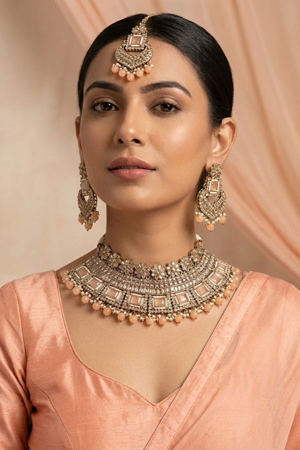 Peach Necklace Set In Mehndi Polish With Polki Stones Pearls And Beads With Matching Earrings And Tikka 