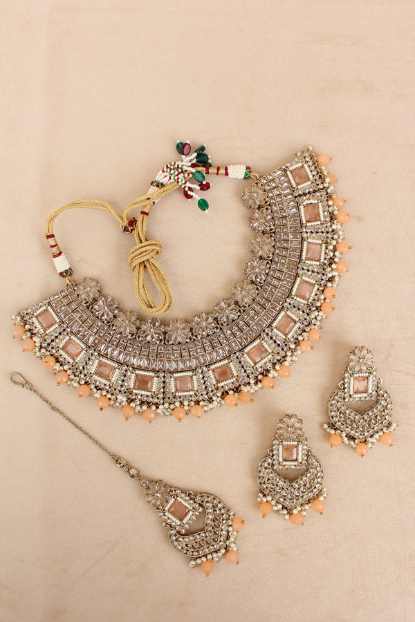 Peach Necklace Set In Mehndi Polish With Polki Stones Pearls And Beads With Matching Earrings And Tikka (NS013-PE-Polki)