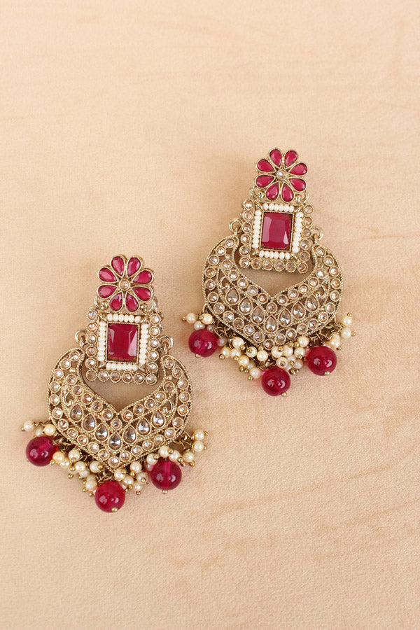 Red Necklace Set In Mehndi Polish With Polki Stones Pearls And Beads With Matching Earrings And Tikka (NS013-R-Polki)