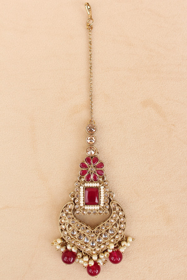 Red Necklace Set In Mehndi Polish With Polki Stones Pearls And Beads With Matching Earrings And Tikka (NS013-R-Polki)