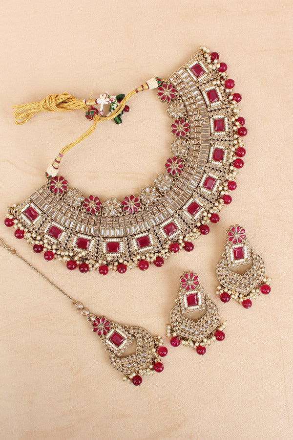 Red Necklace Set In Mehndi Polish With Polki Stones Pearls And Beads With Matching Earrings And Tikka (NS013-R-Polki)