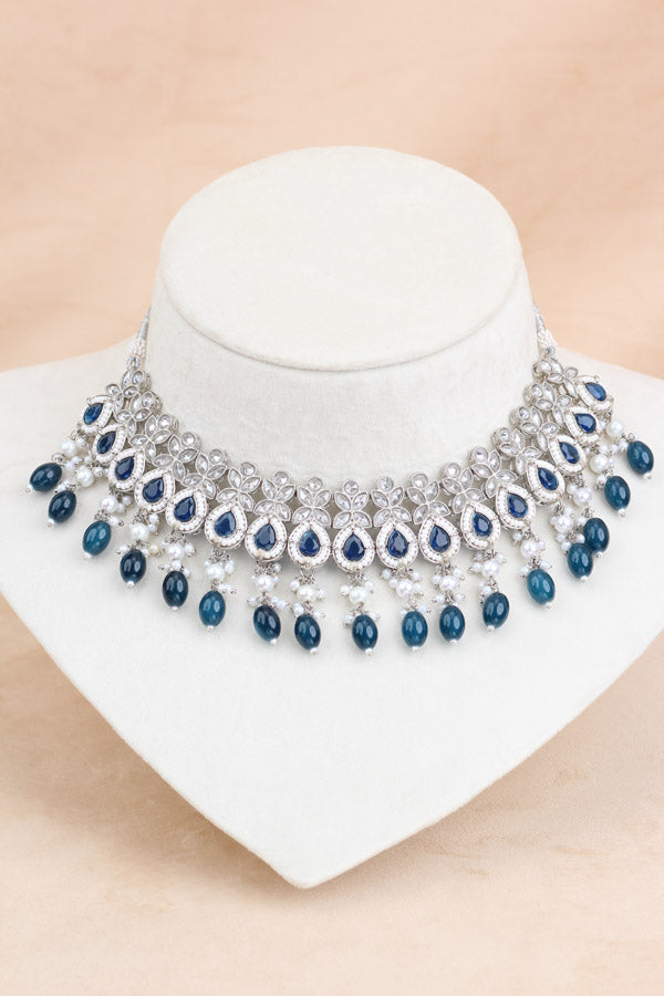 Polki Necklace Set With Blue Pearls Attached With Jhumka Earrings And Small Tikka (NS014-B-Polki)