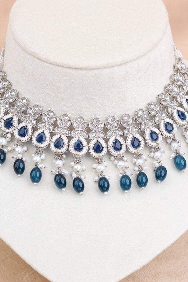 Polki Necklace Set With Blue Pearls Attached With Jhumka Earrings And Small Tikka (NS014-B-Polki)