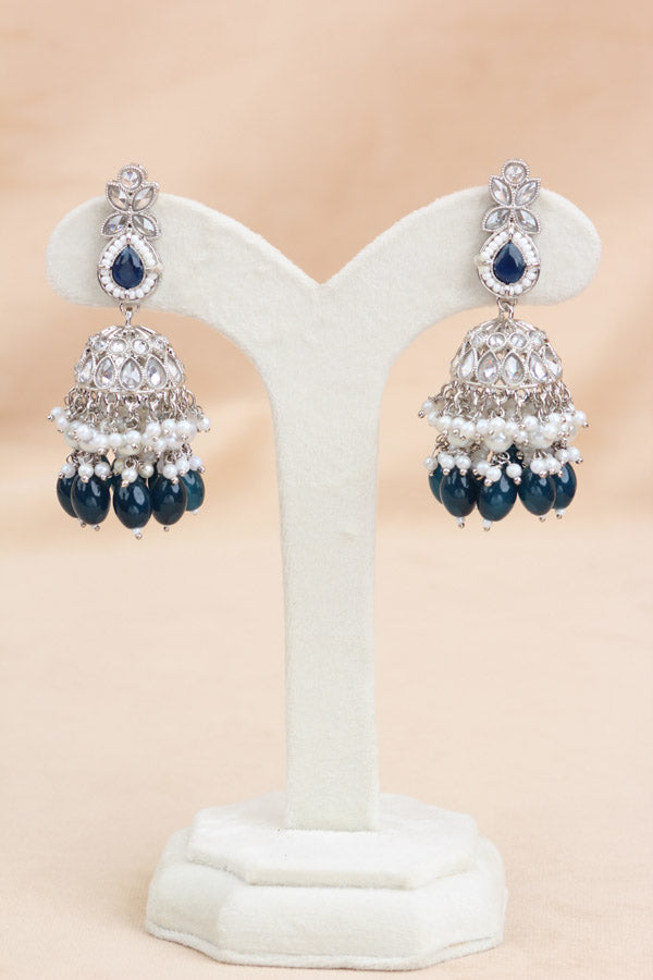 Polki Necklace Set With Blue Pearls Attached With Jhumka Earrings And Small Tikka (NS014-B-Polki)