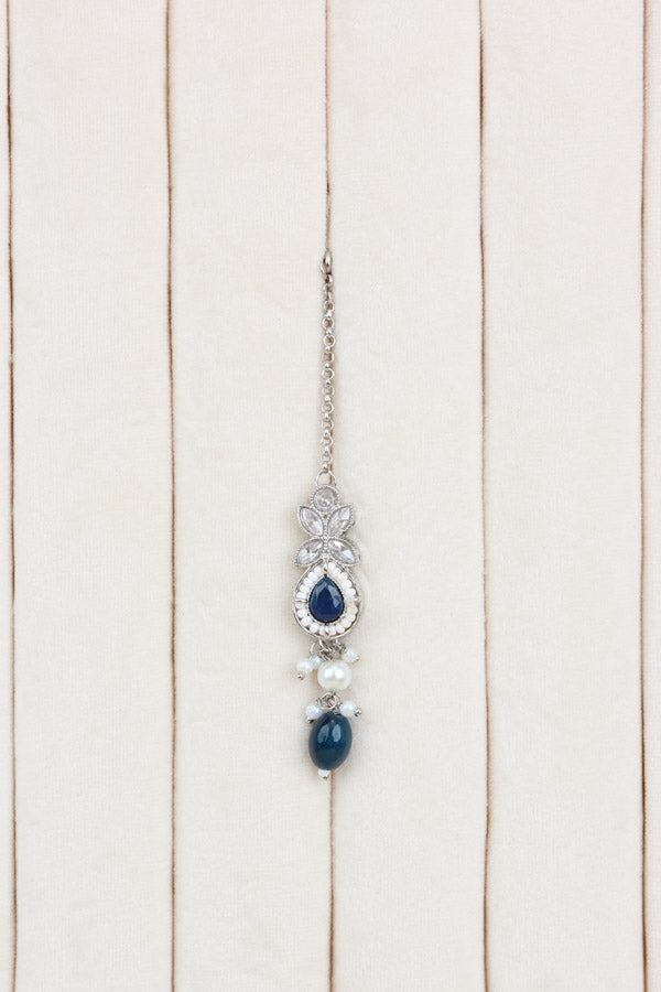 Polki Necklace Set With Blue Pearls Attached With Jhumka Earrings And Small Tikka (NS014-B-Polki)