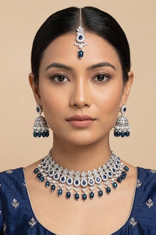 Polki Necklace Set With Blue Pearls Attached With Jhumka Earrings And Small Tikka