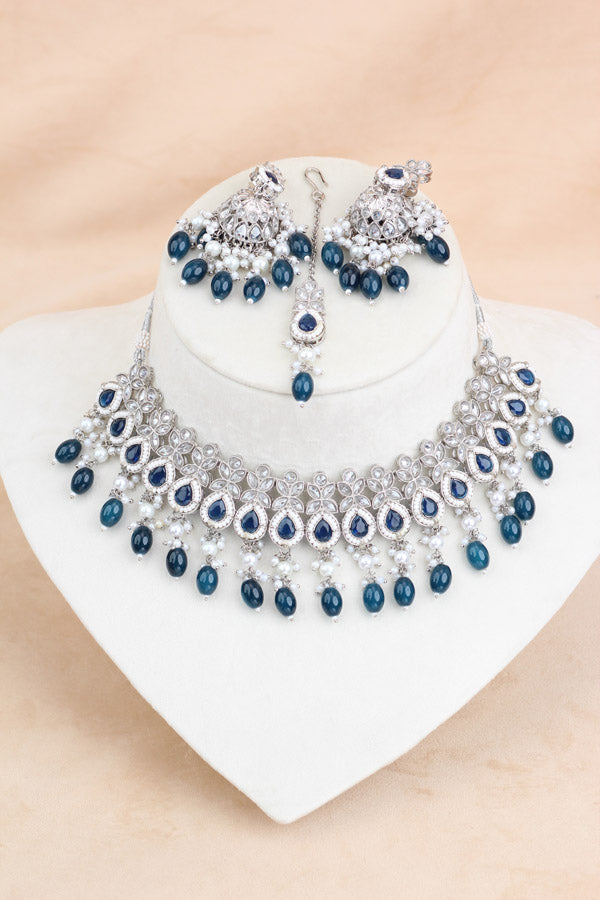 Polki Necklace Set With Blue Pearls Attached With Jhumka Earrings And Small Tikka (NS014-B-Polki)
