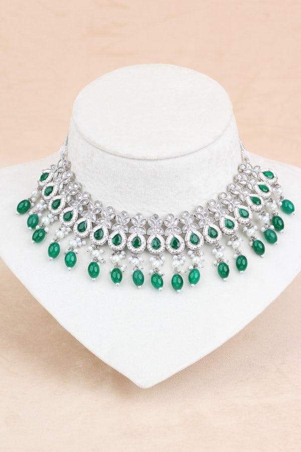 Polki Necklace Set With Green Pearls Attached With Jhumka Earrings And Small Tikka (NS014-G-Polki)