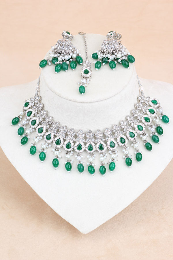 Polki Necklace Set With Green Pearls Attached With Jhumka Earrings And Small Tikka (NS014-G-Polki)