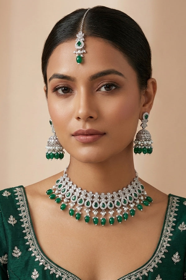Polki Necklace Set With Green Pearls Attached With Jhumka Earrings And Small Tikka