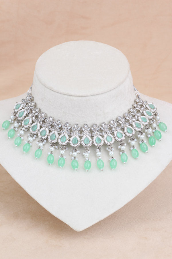 Polki Necklace Set With Light Green Pearls Attached With Jhumka Earrings And Small Tikka (NS014-LG-Polki)