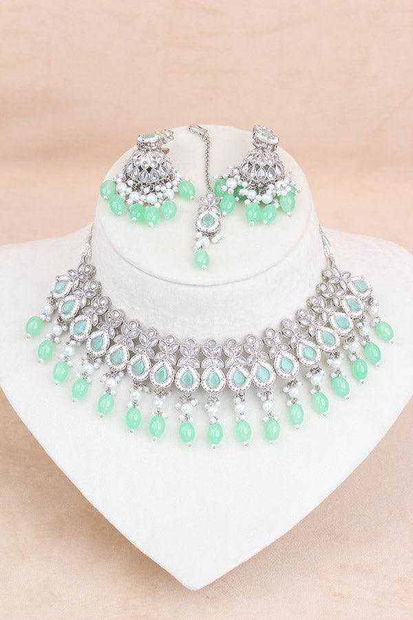 Polki Necklace Set With Light Green Pearls Attached With Jhumka Earrings And Small Tikka (NS014-LG-Polki)