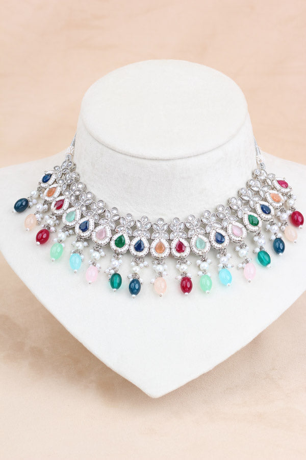 Polki Necklace Set With Multi Pearls Attached With Jhumka Earrings And Small Tikka (NS014-MU-Polki)