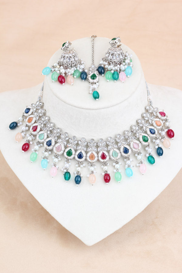 Polki Necklace Set With Multi Pearls Attached With Jhumka Earrings And Small Tikka (NS014-MU-Polki)