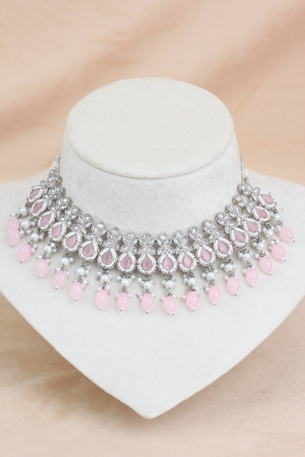 Polki Necklace Set With Pink Pearls Attached With Jhumka Earrings And Small Tikka (NS014-P-Polki)
