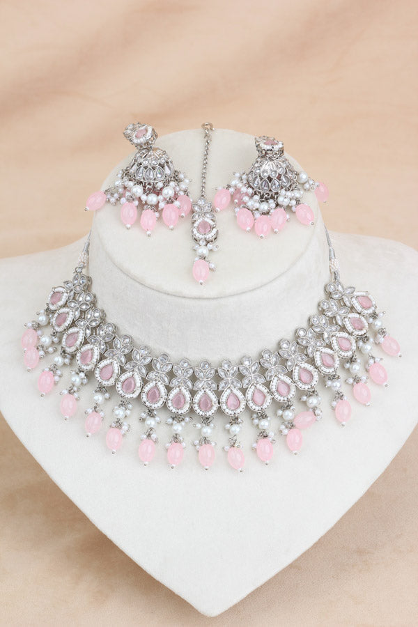 Polki Necklace Set With Pink Pearls Attached With Jhumka Earrings And Small Tikka (NS014-P-Polki)