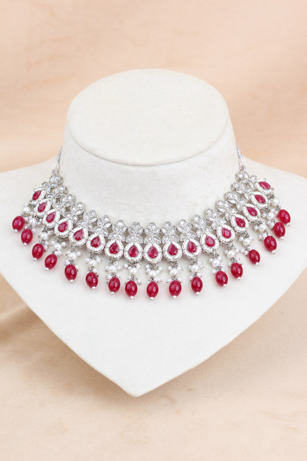 Polki Necklace Set With Red Pearls Attached With Jhumka Earrings And Small Tikka (NS014-R-Polki)