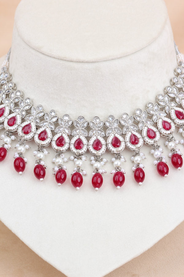 Polki Necklace Set With Red Pearls Attached With Jhumka Earrings And Small Tikka (NS014-R-Polki)