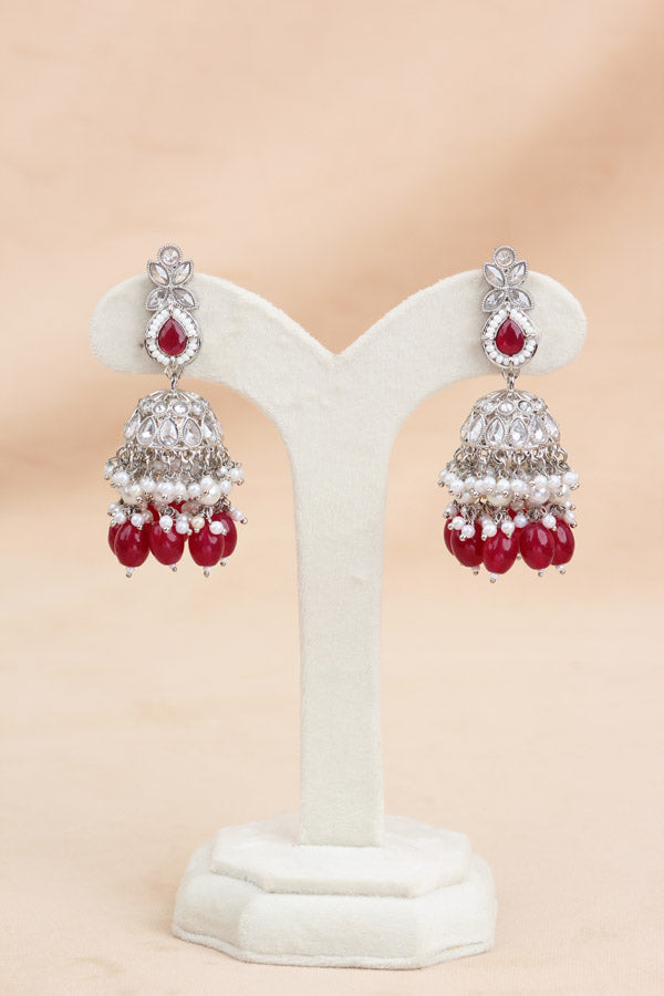 Polki Necklace Set With Red Pearls Attached With Jhumka Earrings And Small Tikka (NS014-R-Polki)