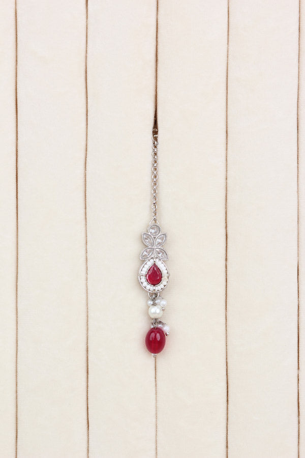Polki Necklace Set With Red Pearls Attached With Jhumka Earrings And Small Tikka (NS014-R-Polki)