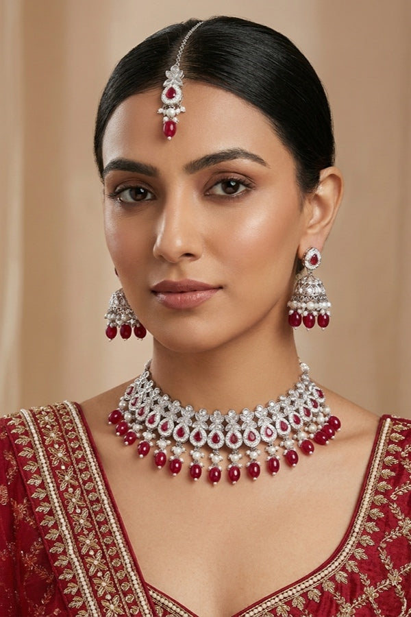 Polki Necklace Set With Red Pearls Attached With Jhumka Earrings And Small Tikka