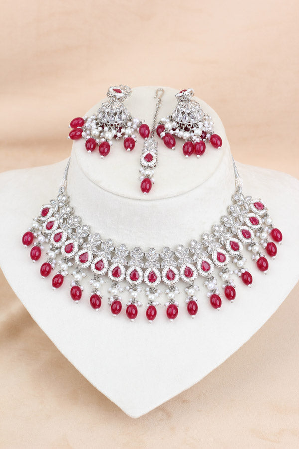 Polki Necklace Set With Red Pearls Attached With Jhumka Earrings And Small Tikka (NS014-R-Polki)