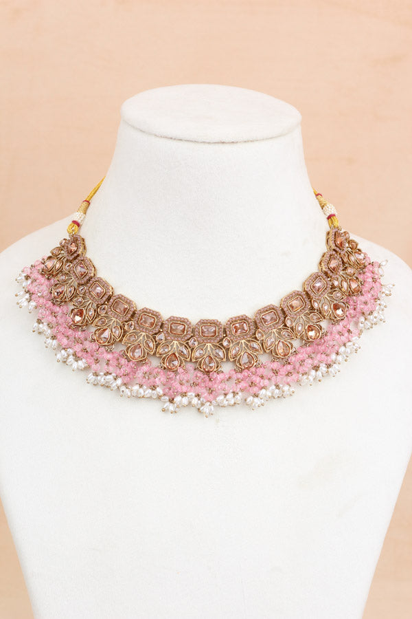 Pink Quality Polki Necklace With Large Earrings And Tikka (NS015-P-Polki-B2)