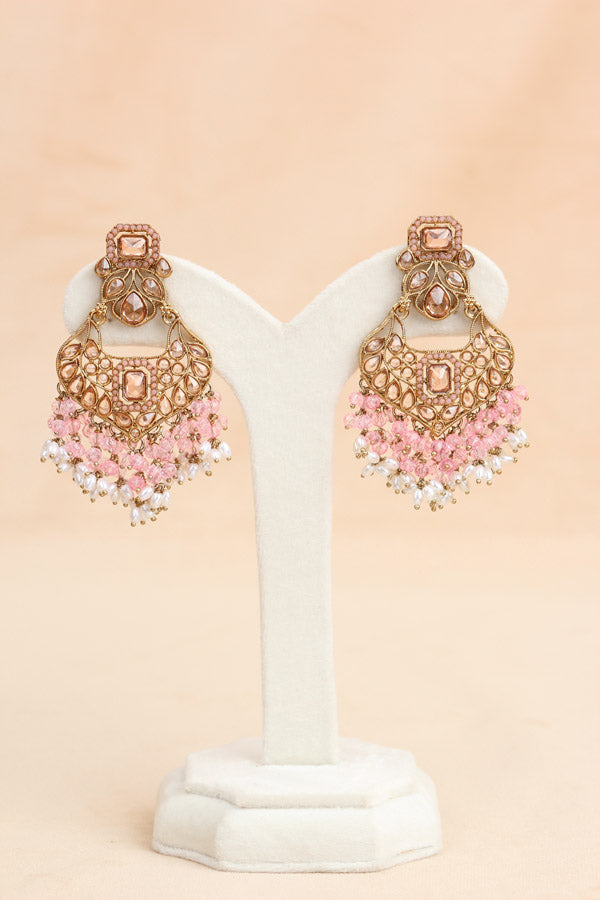 Pink Quality Polki Necklace With Large Earrings And Tikka (NS015-P-Polki-B2)