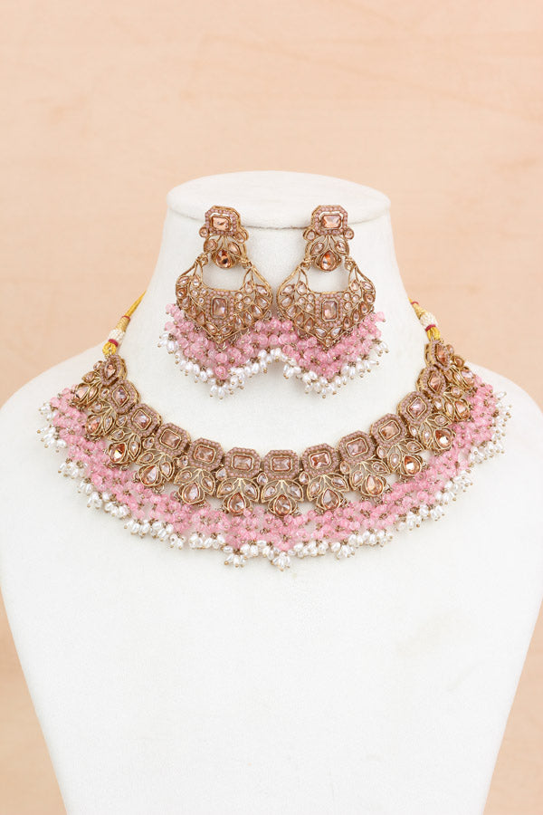 Pink Quality Polki Necklace With Large Earrings And Tikka (NS015-P-Polki-B2)