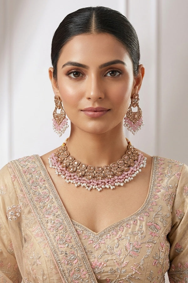 Pink Quality Polki Necklace With Large Earrings And Tikka