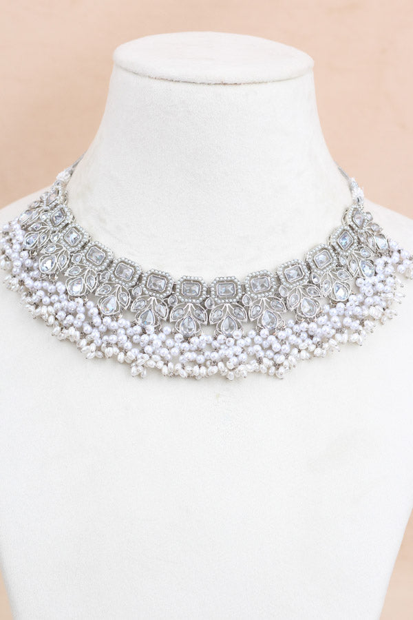 White Quality Polki Necklace With Large Earrings And Tikka (NS015-S-Polki-B2)