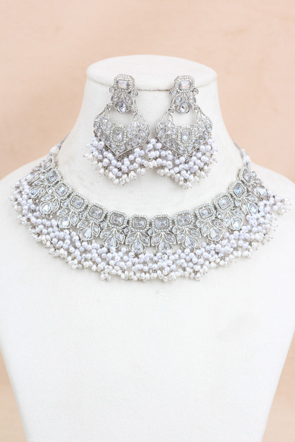 White Quality Polki Necklace With Large Earrings And Tikka (NS015-S-Polki-B2)