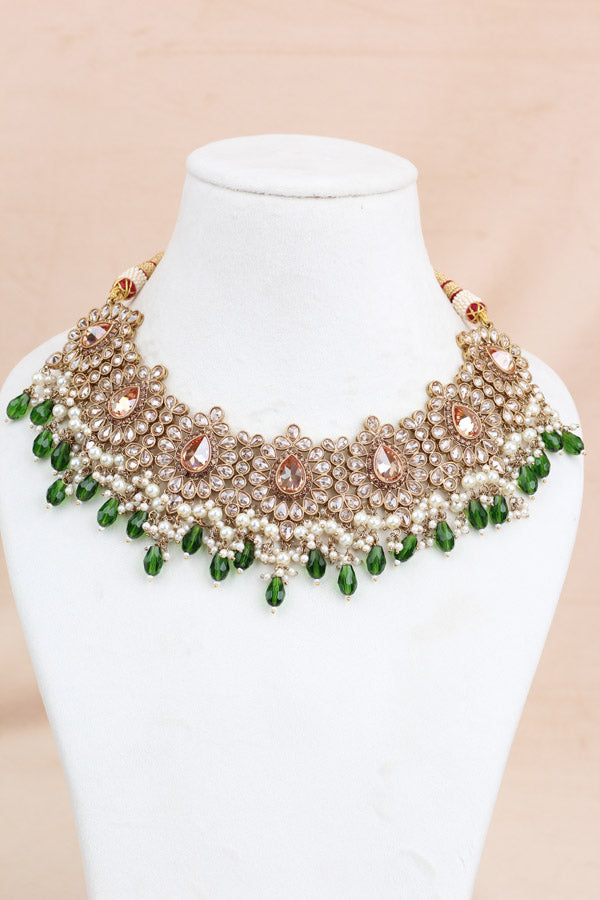 Green Premium Quality Large Polki Necklace Set With Jhumka Earrings And Tikka (NS016-G-Polki-B2)