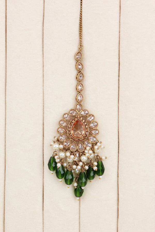 Green Premium Quality Large Polki Necklace Set With Jhumka Earrings And Tikka (NS016-G-Polki-B2)
