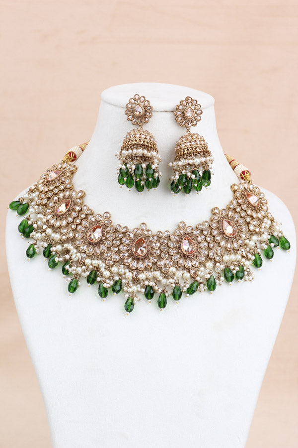 Green Premium Quality Large Polki Necklace Set With Jhumka Earrings And Tikka (NS016-G-Polki-B2)
