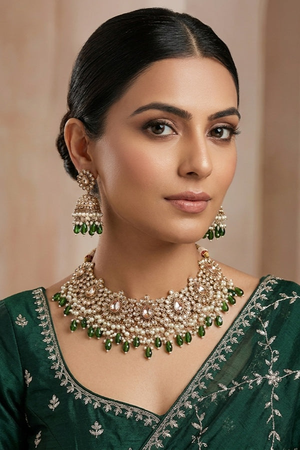 Green Premium Quality Large Polki Necklace Set With Jhumka Earrings And Tikka