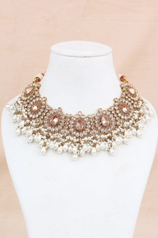 Golden Premium Quality Large Polki Necklace Set With Jhumka Earrings And Tikka (NS016-GO-Polki-B2)