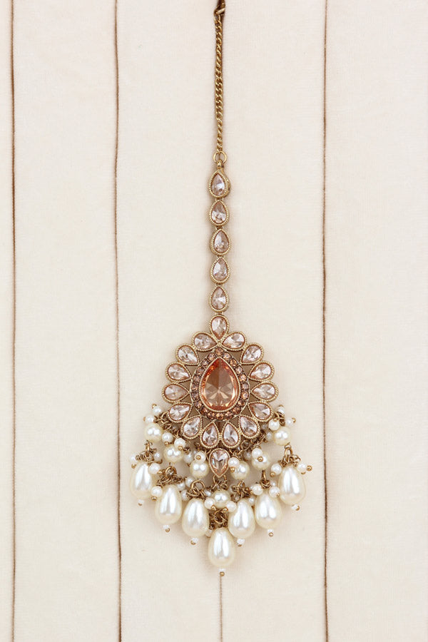 Golden Premium Quality Large Polki Necklace Set With Jhumka Earrings And Tikka (NS016-GO-Polki-B2)