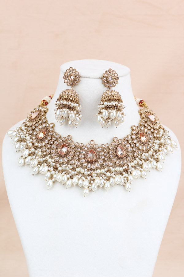 Golden Premium Quality Large Polki Necklace Set With Jhumka Earrings And Tikka (NS016-GO-Polki-B2)