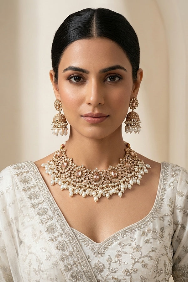 Golden Premium Quality Large Polki Necklace Set With Jhumka Earrings And Tikka