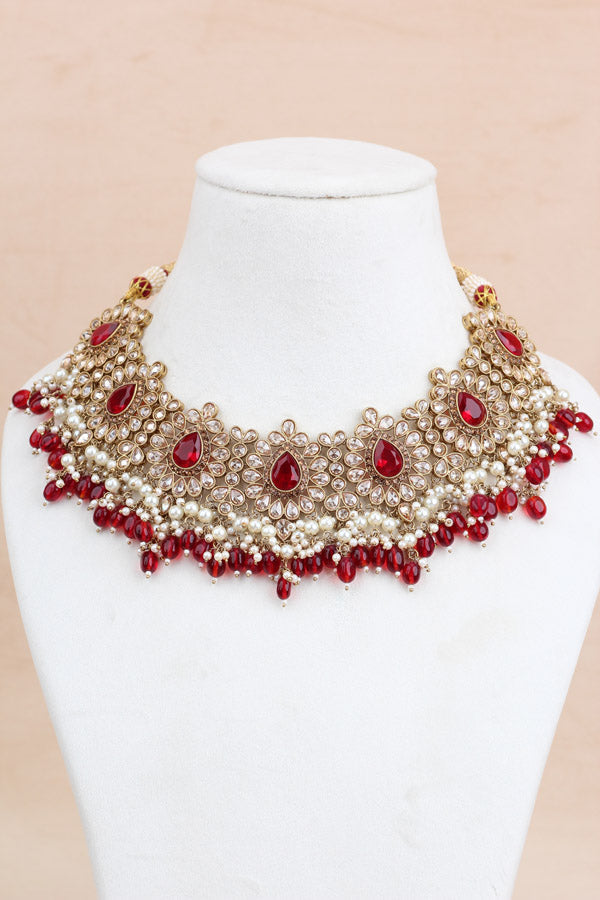 Red Premium Quality Large Polki Necklace Set With Jhumka Earrings And Tikka (NS016-R-Polki-B2)
